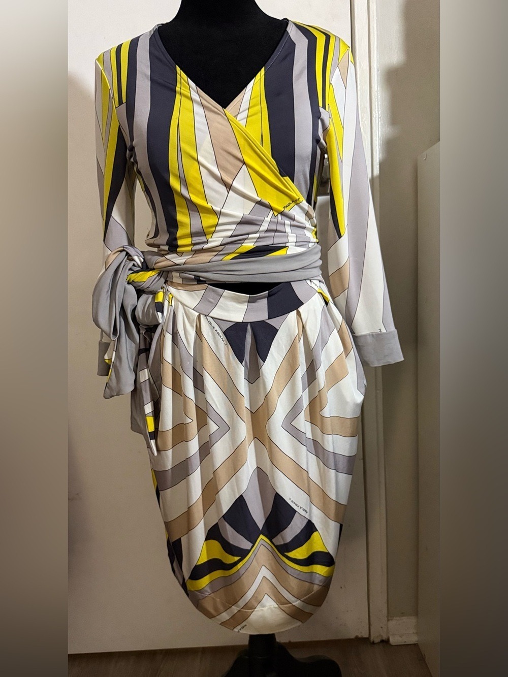 Vintage Paola Frani J Wrap Cutout Midi Jersey Dress Abstract Print Bodycon Large